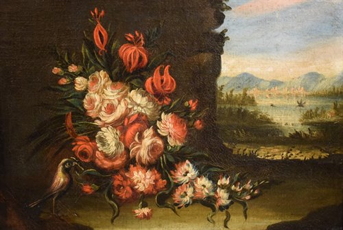 Still Life of Flowers and Landscape